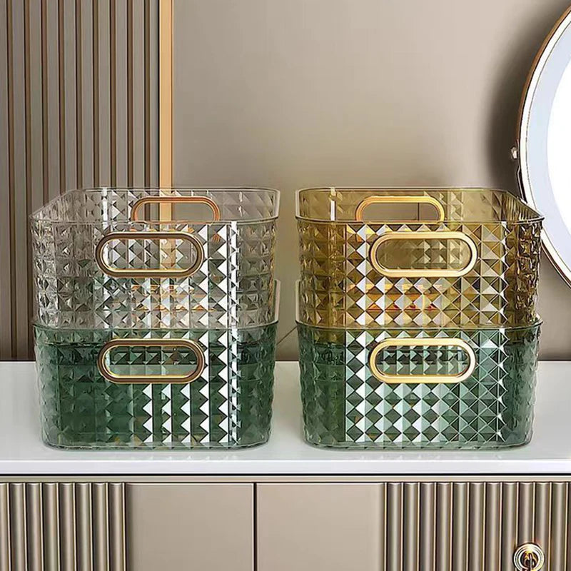 boîtes rangement transparentes paniers minimalistes poignées métalliques dorées moderne texture géométrique