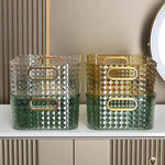 boîtes rangement transparentes paniers minimalistes poignées métalliques dorées moderne texture géométrique