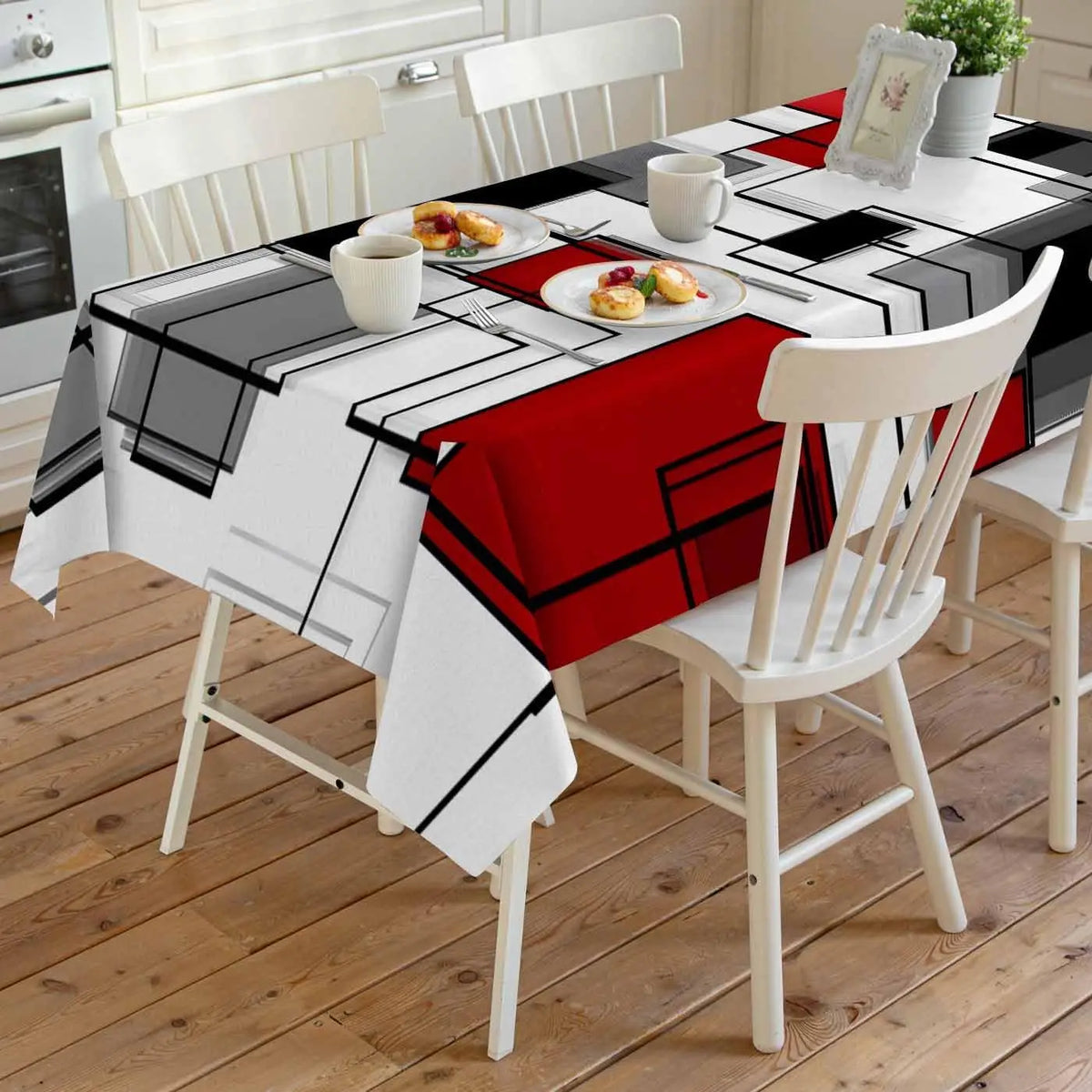 nappe table rouge noir blanche motif géométrique moderne réutilisable polyester maison festivités