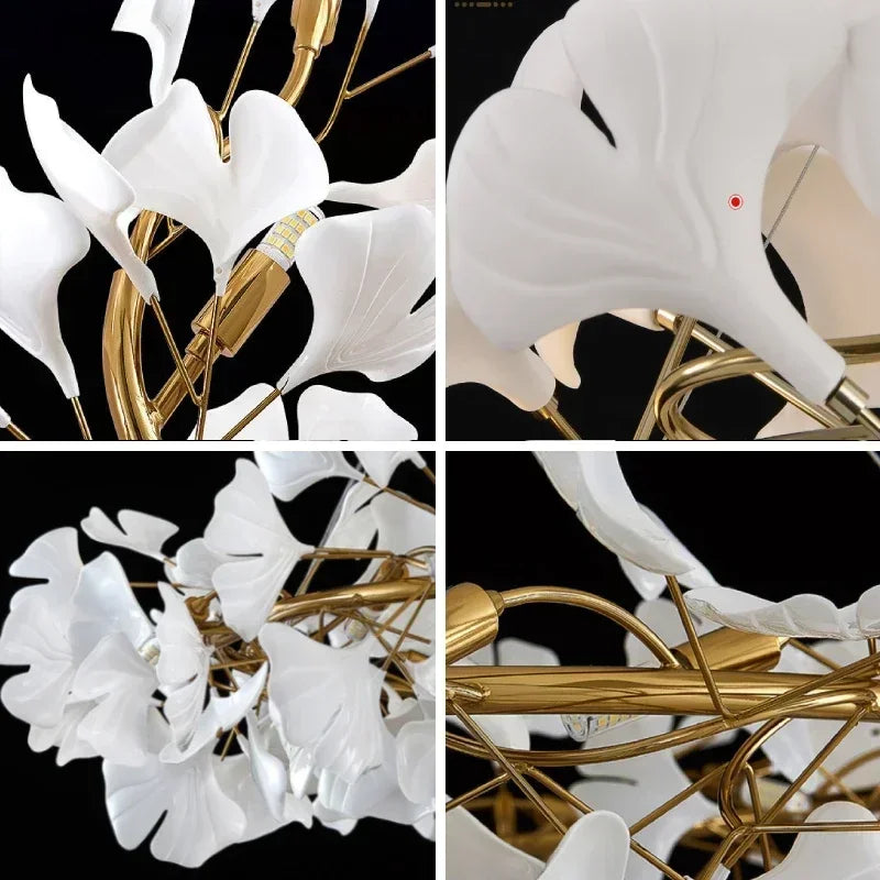 suspension lumineuse feuilles stylisées blanc doré contemporain opacité eyelets chambre salon