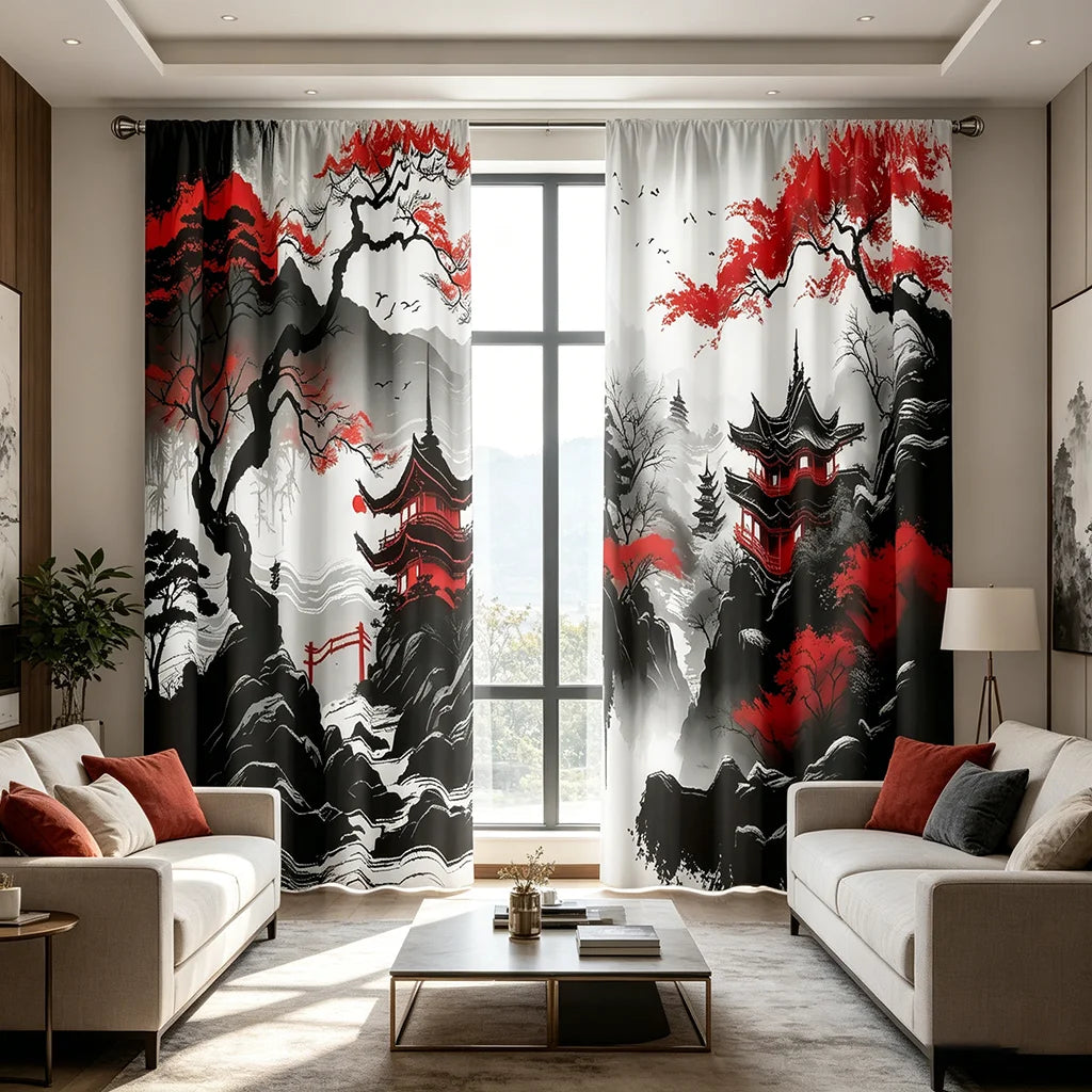 rideaux imprimés paysage oriental 100% polyester noir blanc rouge moderne