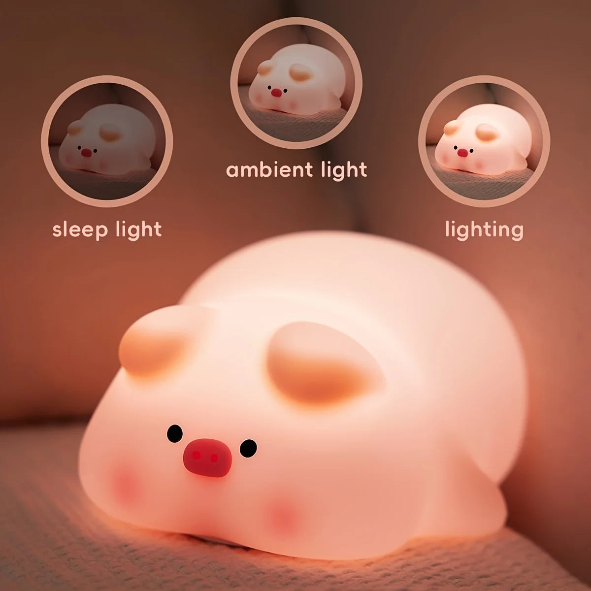 lampe chevet mignon rose cochon cartoon oeil noir nez rose flux lumineux faible tactile