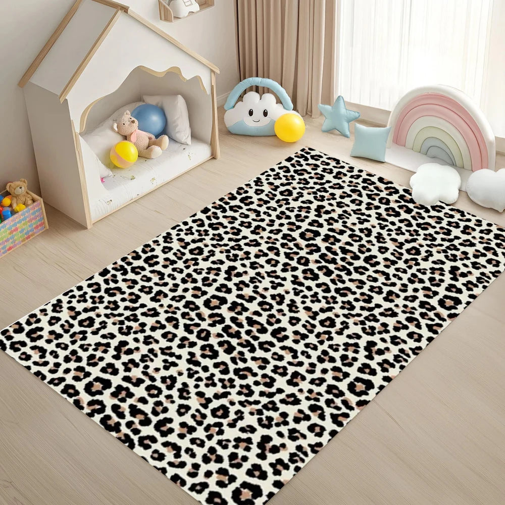 tapis moderne léopard polyester polypropylène beige noir marron salon chambre extérieur