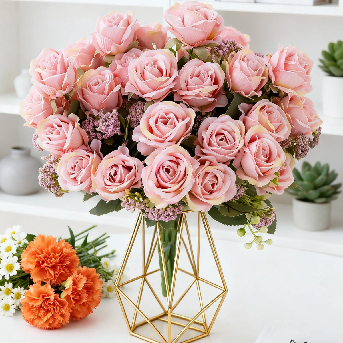 bouquet roses artificielles soie rouge blanc vert decoration mariage anniversaire intérieur classique romantique