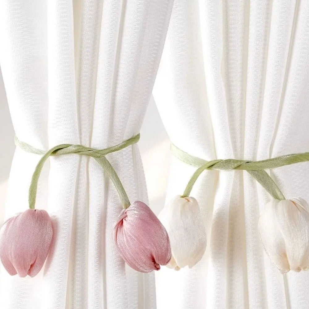 tulipes artificielles fleurs décoratives rose bleu violet rubans blancs coton opaques