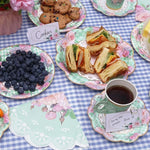 vaisselle jetable service thé ensemble 16 invités tasses assiettes serviettes fleurs roses vintage vert