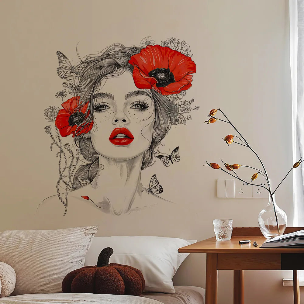 autocollant mural femme coquelicot papillon adhésif moderne chambre enfant rouge noir waterproof removable