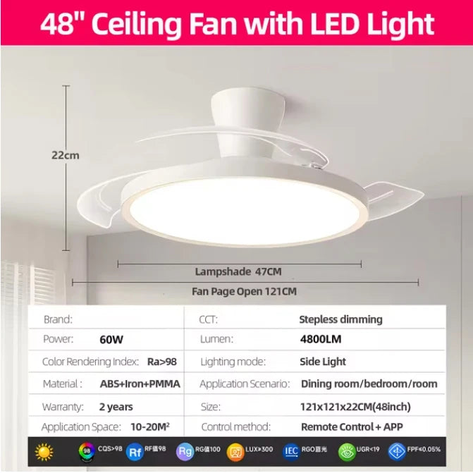 ventilateur moderne blanc led pales télécommande ac220v invisible lumineux cuisine