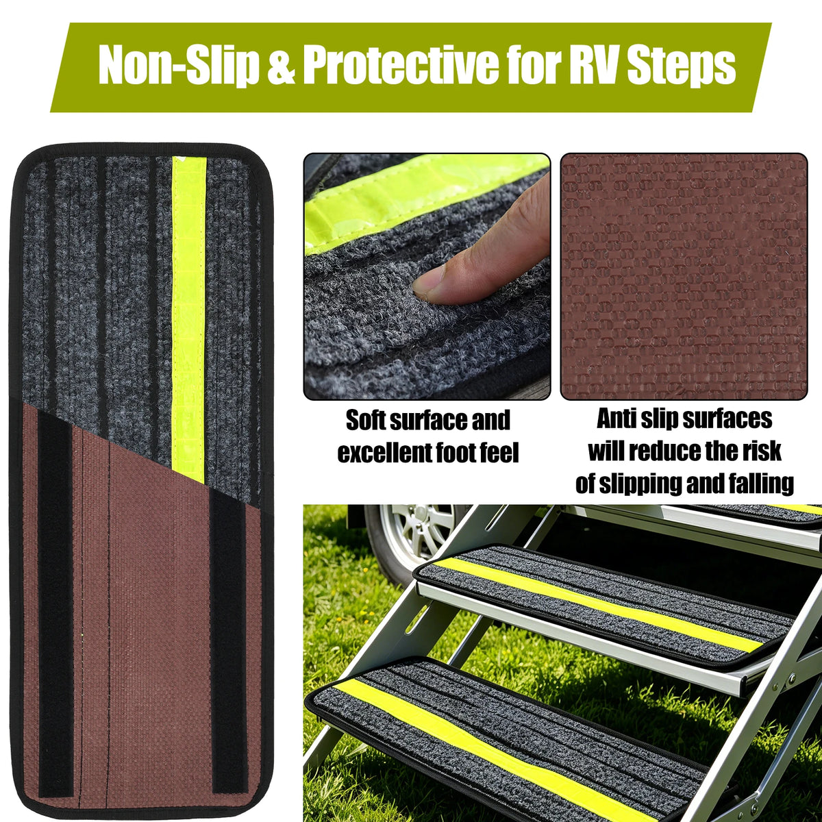 tapis antidérapant marchepied rv gris foncé jaune fluo adhésif texturé sécurisé surface poils rayures