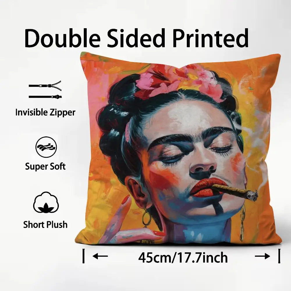 coussin contemporain zip invisible polyvalent orange bleu rouge peinture abstraite visage stylisé 45x45cm polyester