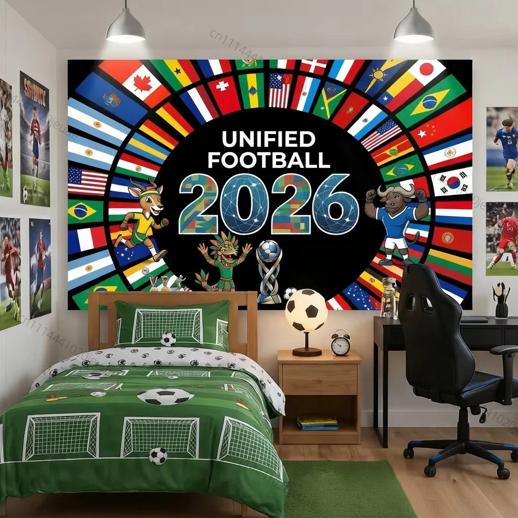 affiche murale drapeaux nations personnages sportifs UNIFIED FOOTBALL 2026 moderne opaque sportive