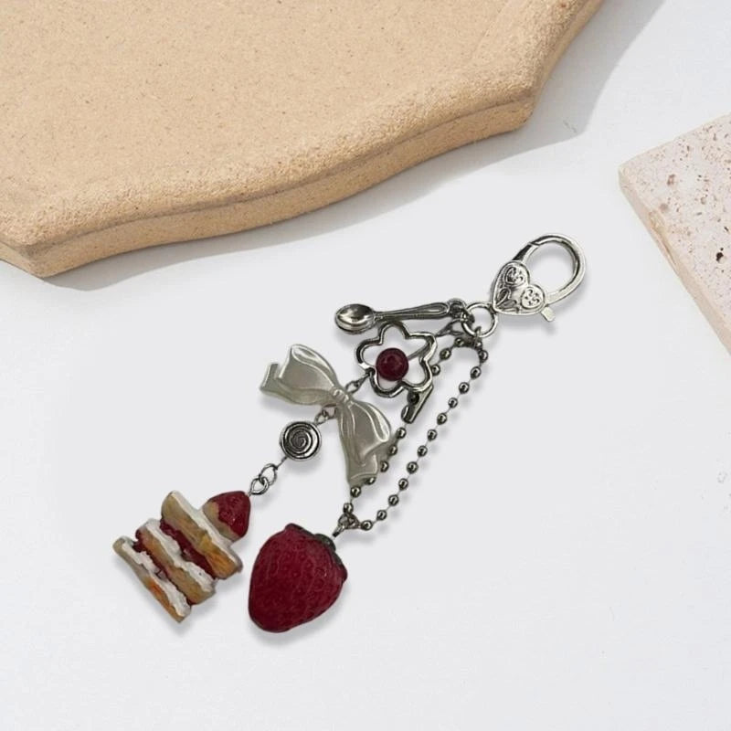 porte clés femme argent rouge blanc motif fraise sandwich cœur mignon retour école