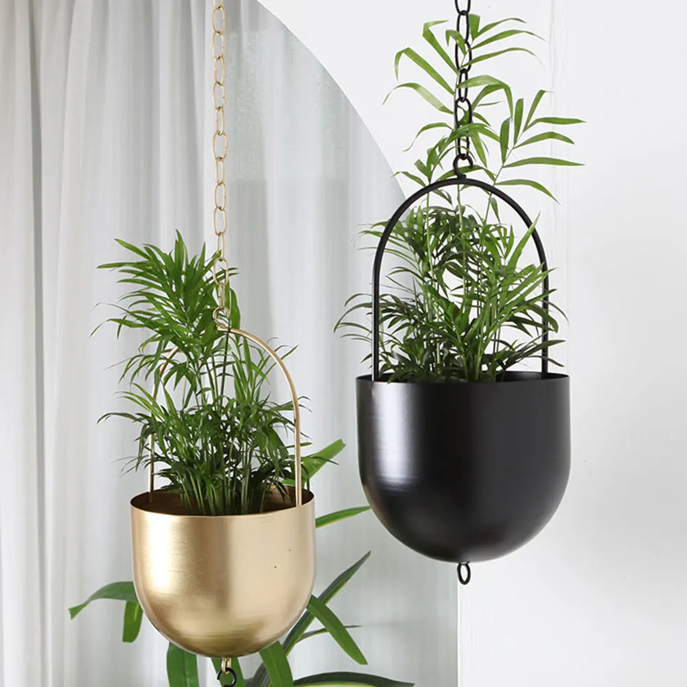 Cache pot suspendu moderne or noir plante verte chaîne métallique intérieur extérieur jardin balcon