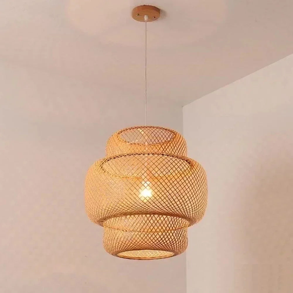 lampe suspendue moderne rustique tissage bambou naturel beige pince lampe