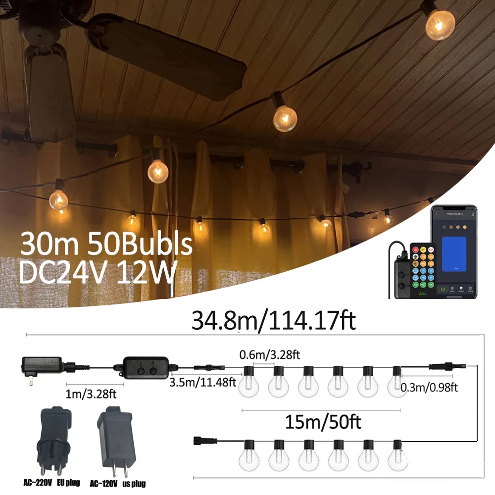 guirlande lumineuse blanc chaud transparent moderne clips 25 ampoules led controleur câble adaptateur secteur
