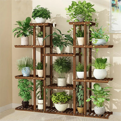 Support de plantes en bois à 11 niveaux brun moyen teinté vue de face