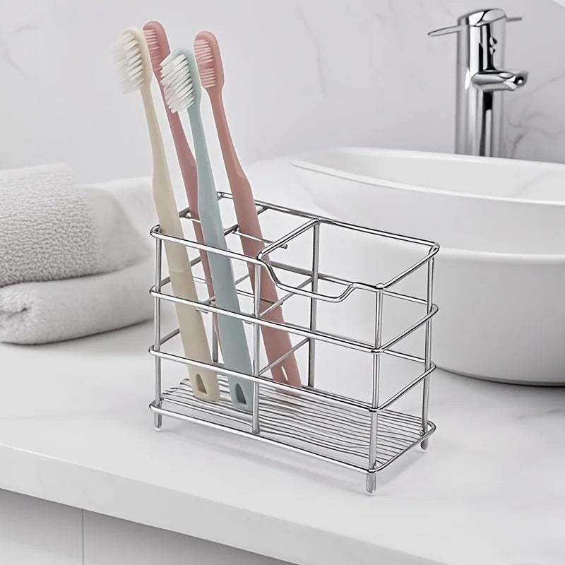 rangement moderne porte brosses dents tubes dentifrice acier inoxydable argenté pieds salle bain minimaliste