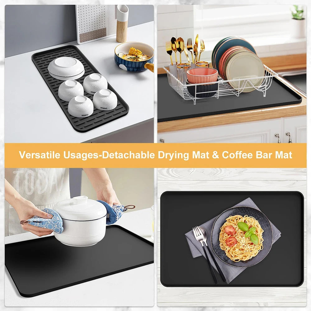 tapis séchage vaisselle silicone moderne noir surface rugueuse adhésif tasses assiettes couverts