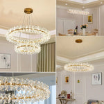 Suspension lumineuse cristal transparent moderne élégante chaînes blanc doré chambre salon
