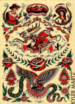 sticker autocollant tatouage vintage motifs traditionnels fleurs animaux symboles rouge noir beige blanc bleu