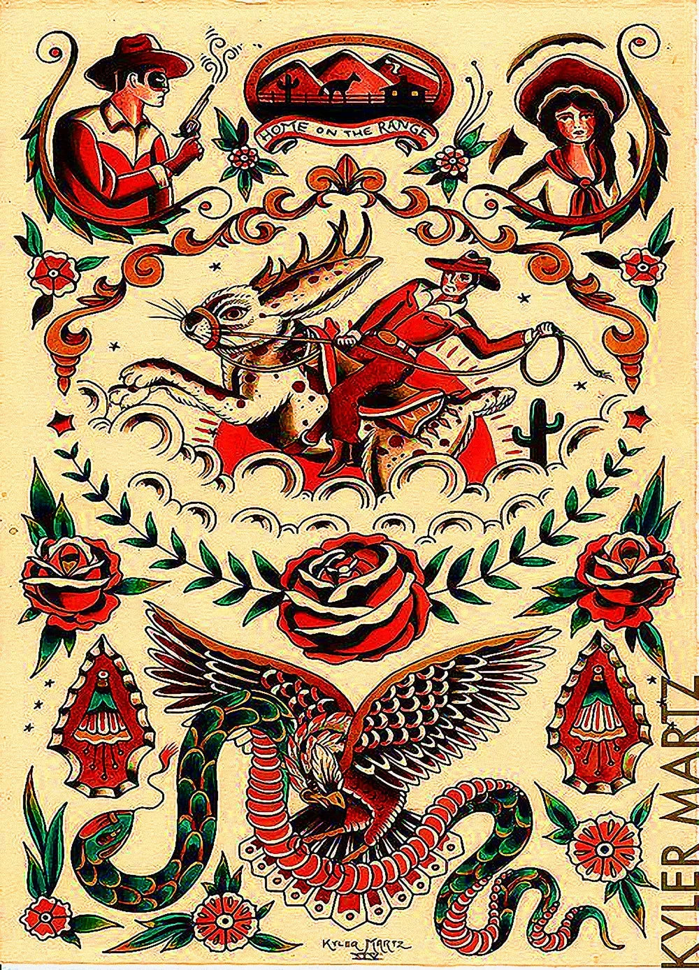 sticker autocollant tatouage vintage motifs traditionnels fleurs animaux symboles rouge noir beige blanc bleu