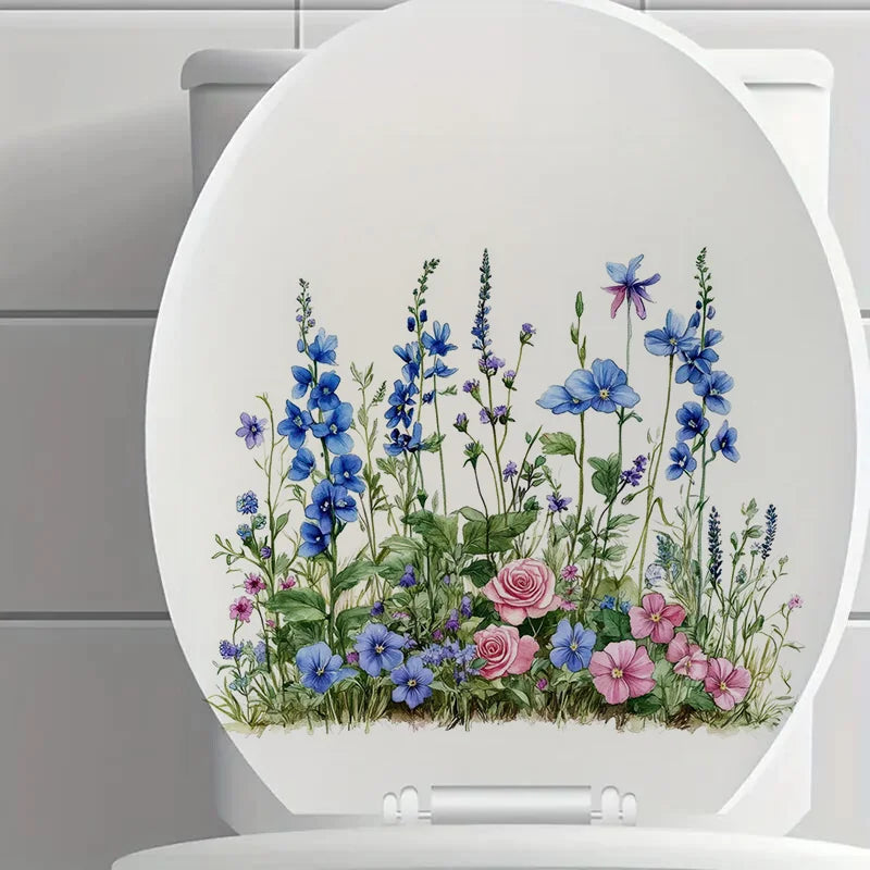 autocollant mural fleurs sauvage rose bleu vert décoration salle bain vinyle adhésif amovible