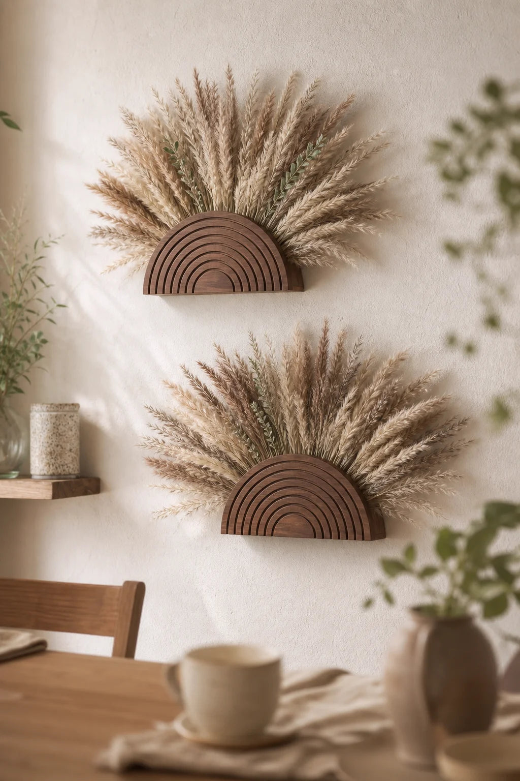 support mural bois rond fleurs séchées moderne rustique naturel concentrique lignes decoration intérieur