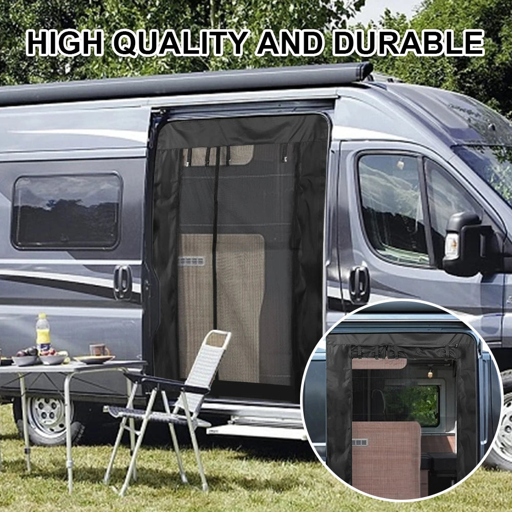 moustiquaire camping car van porte anti insectes filet gris noir fixations cordons intérieur véhicule
