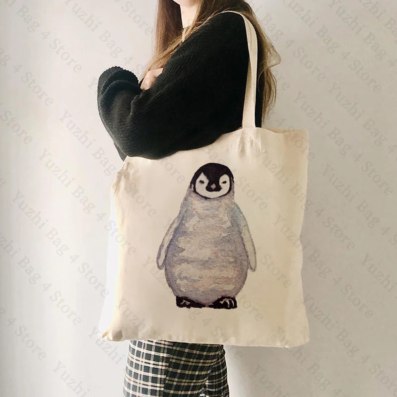 sac main femme toile beige imprimé pingouin casual sans fermeture éclair poignées tissu grande