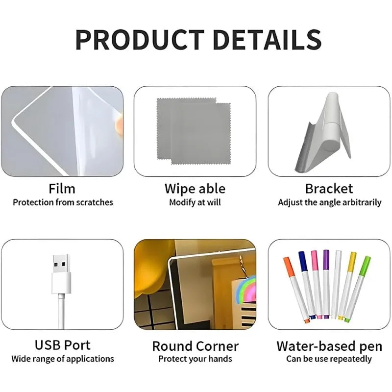 tableau lumineux transparent multicolore dessins animés lettrage lumineux usb pochettes stylos accessoires nettoyage moderne