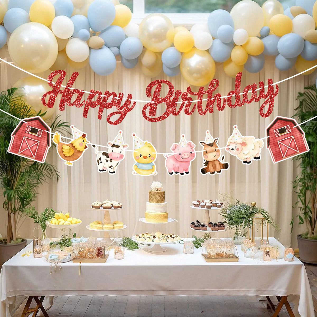 guirlande fête animaux ferme rouge blanc happy birthday poulets vaches grange