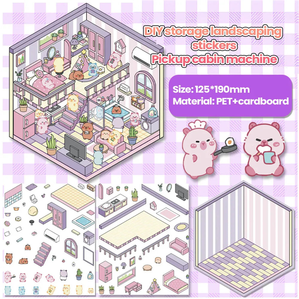 stickers 3d maison poupées animées rose blanc vert décoration enfant crafting mignon detalles adhesifs