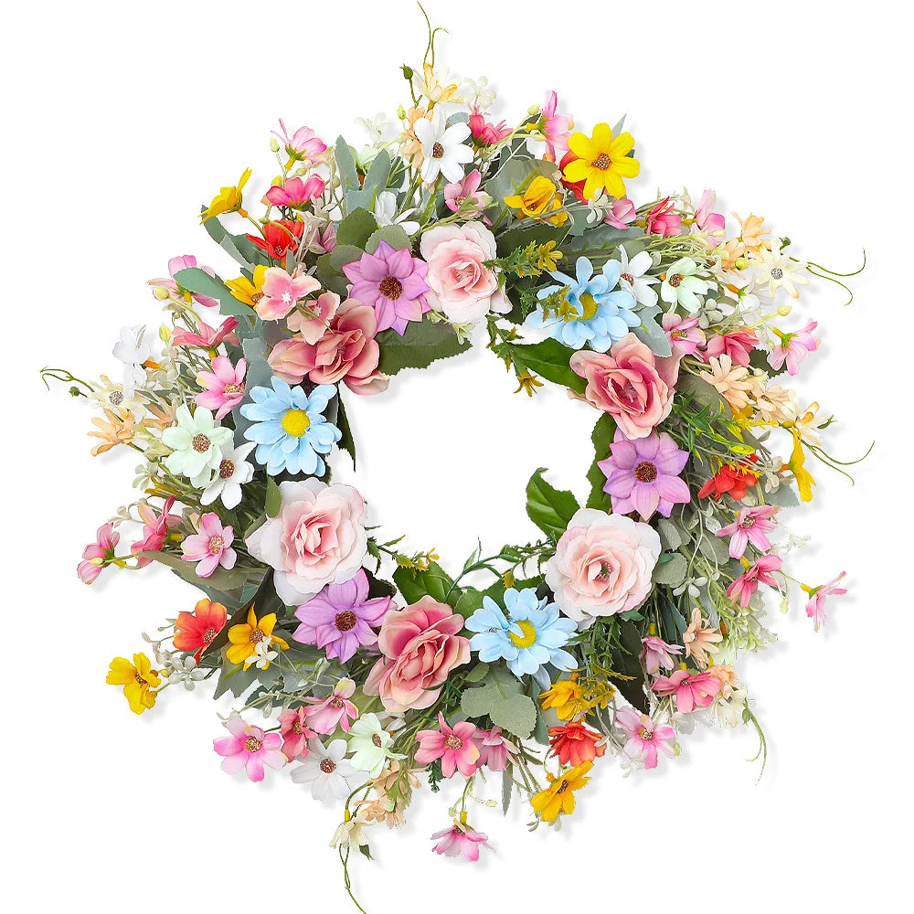 couronne florale artificielle fleurs variées feuilles vertes décoration intérieure printemps saint valentin pâques festive