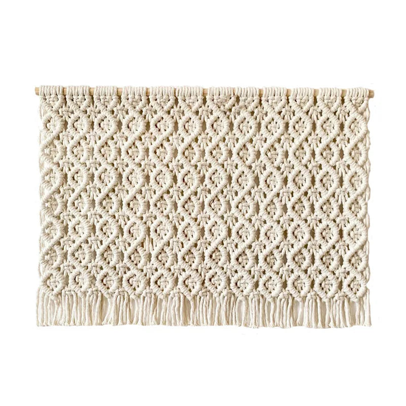 tapisserie macramé blanche motifs géométriques franges boho chic crochets bois