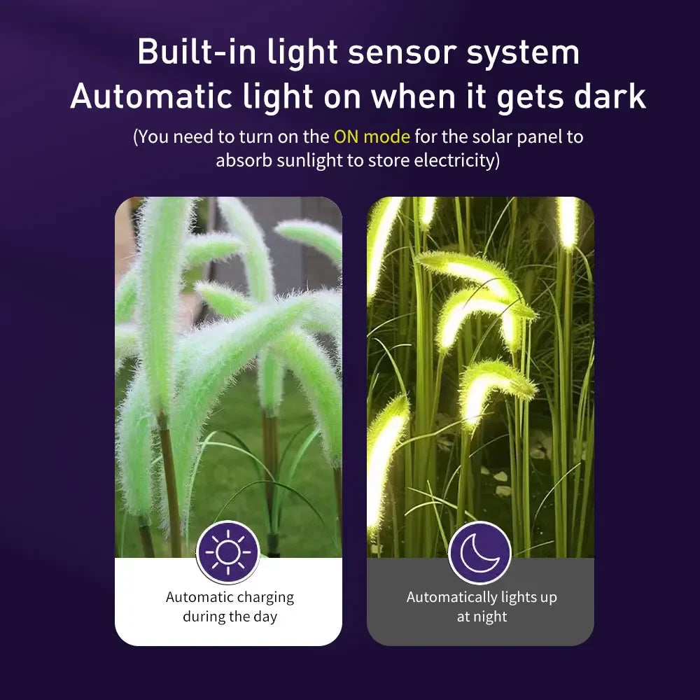 lumière solaire extérieure roseau fluffy verte jaune tige métallique panneau solaire jardin décoration naturelleextérieur
