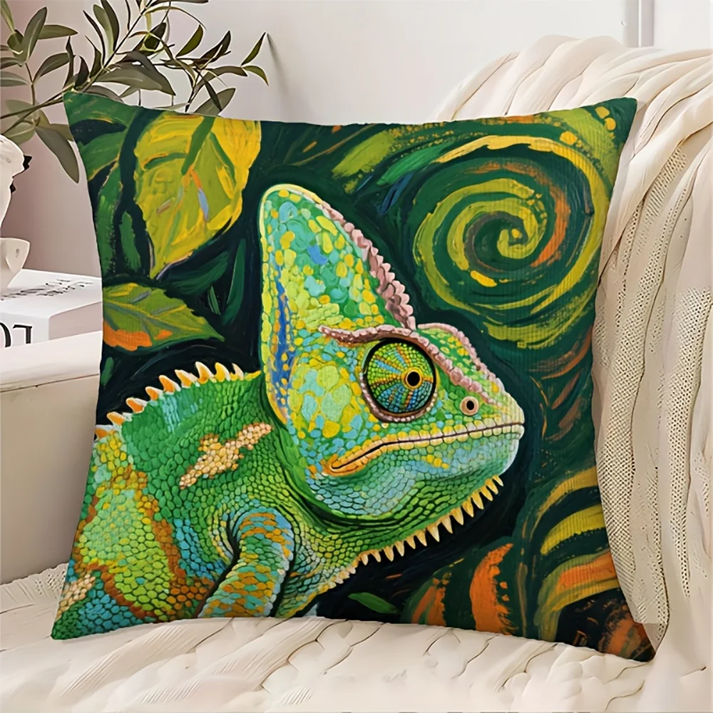 housse coussin motif reptile moderne 45x45cm polyester peacheskin verte bleue jaune zipper salon chambre