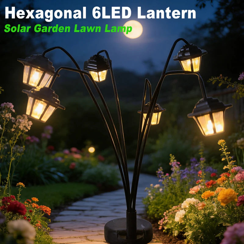 lanternes solaires vintage hexagonales LED noires lumière orangée jardin extérieur