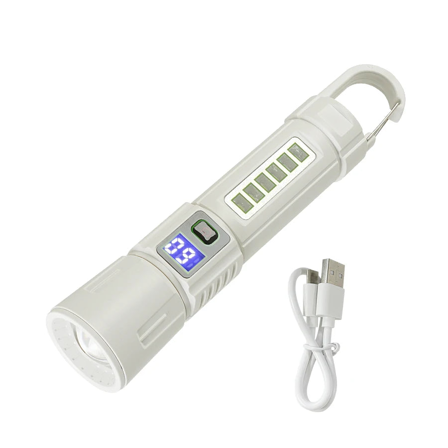 lampe torche blanc moderne résistante chocs zoom télescopique affichage led modes camping