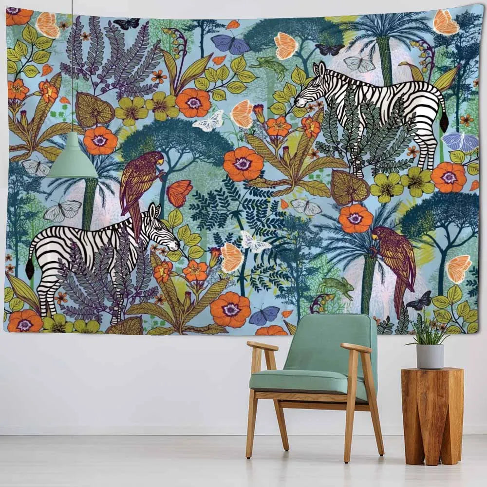 Tapisserie murale vintage plage feuilles bleue