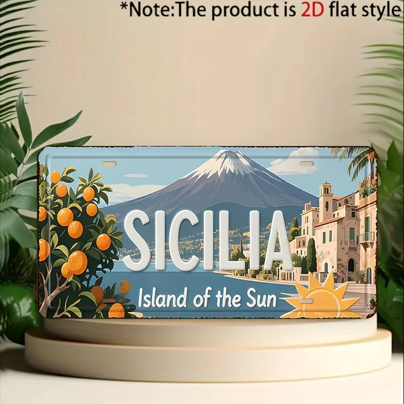 plaque décorative murale paysage montagne citronniers soleil vintage bleu blanc vert orange