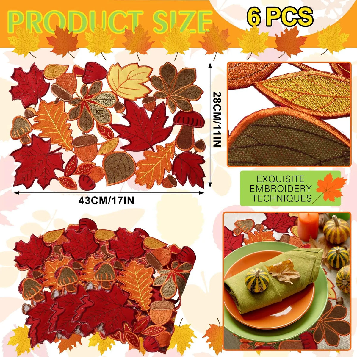 serviettes table automnales feuilles d'érable glands décoratives rouge orange marron jaune
