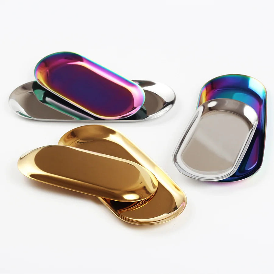 assiettes ovales modernes or argent multicolore assiettes décoration métal inoxydable lisses brillantes respectueux environnement