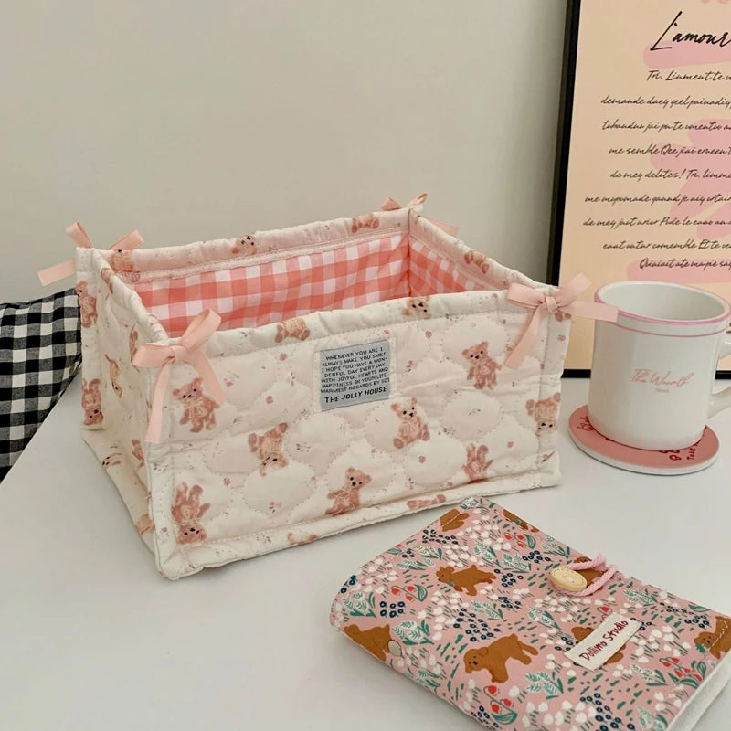 paniers rangement réutilisables coton blanc rose violet rouge carreaux lapins fruits vintage doux