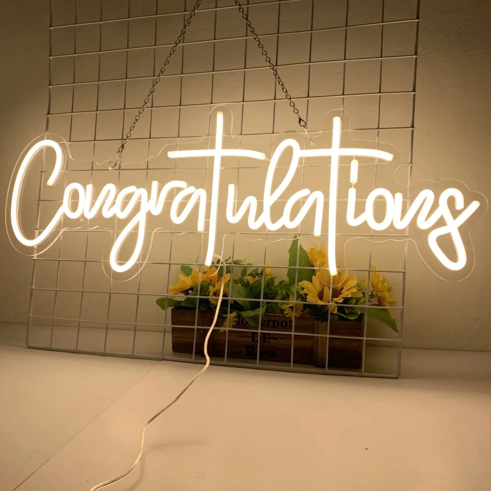 néon lumineux blanc congratulations moderne transparent chaîne câble électrique 76x28cm