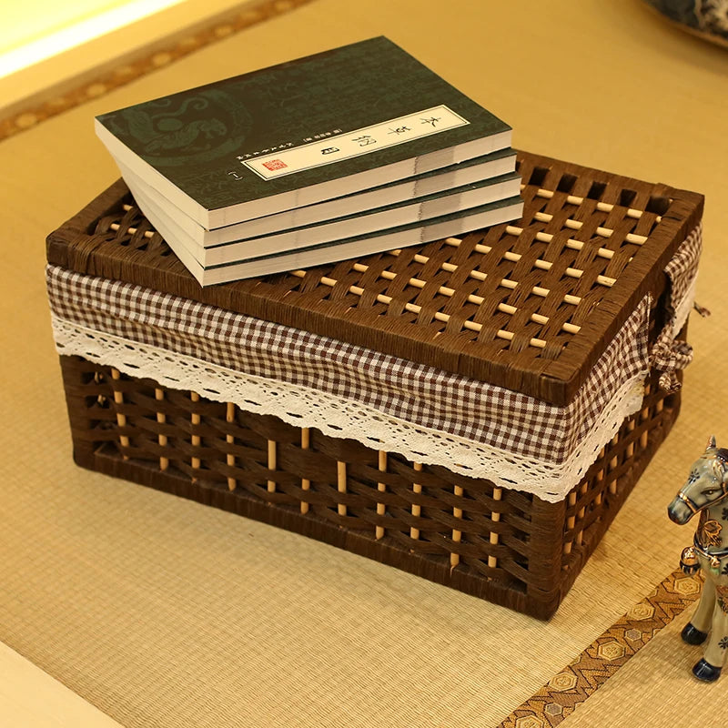 paniers rangement osier tissé marron traditionnels bureaux perforations dentelles rusticité decoration