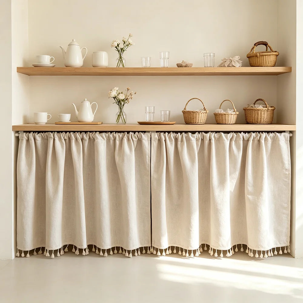 rideau cuisine beige classique 100 polyester opaque franges 30 70 90 cm