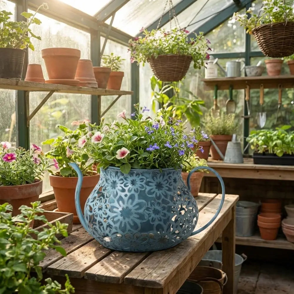 Pots fleurs vintage métal rose beige bleu clair vert marron noir fleurs découpées poignées