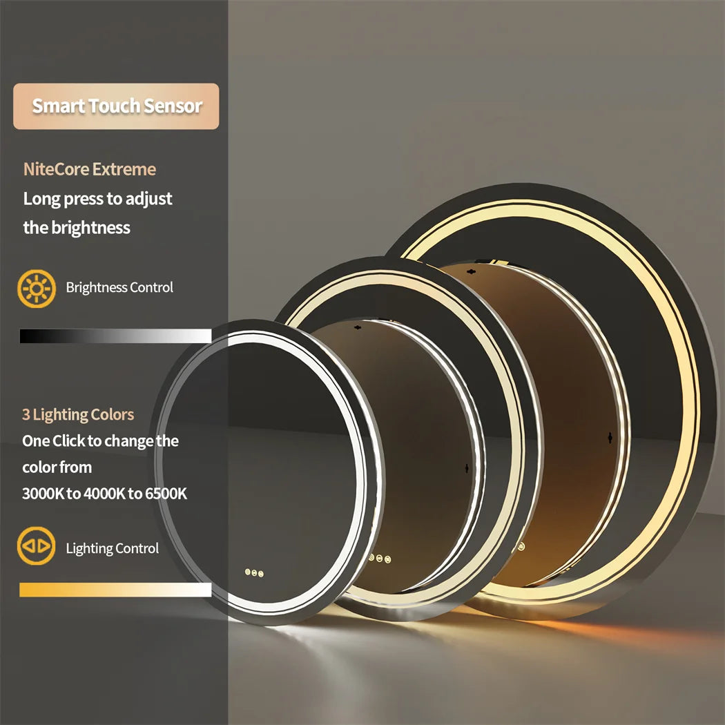 miroir rond lumineux argenté moderne éclairé antibuée écran tactile led dimmable