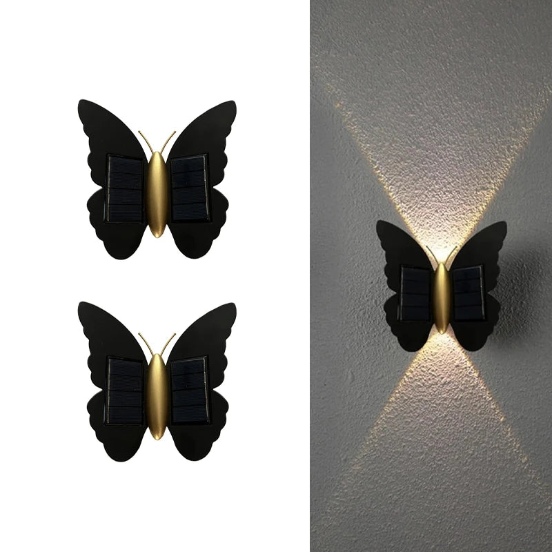 lampe murale solaire led papillon moderne noir doré extérieure adhésive ip44 rechargeable 2lumieres