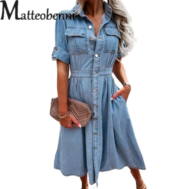 robe jean bleu clair patchwork boutons poches casual femme coton polyester extensible